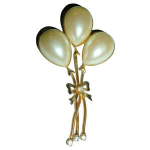 Vintage Gold Tone Brooch Pin Baloons Faux Pearl Large Dangle Rhinestone Bow